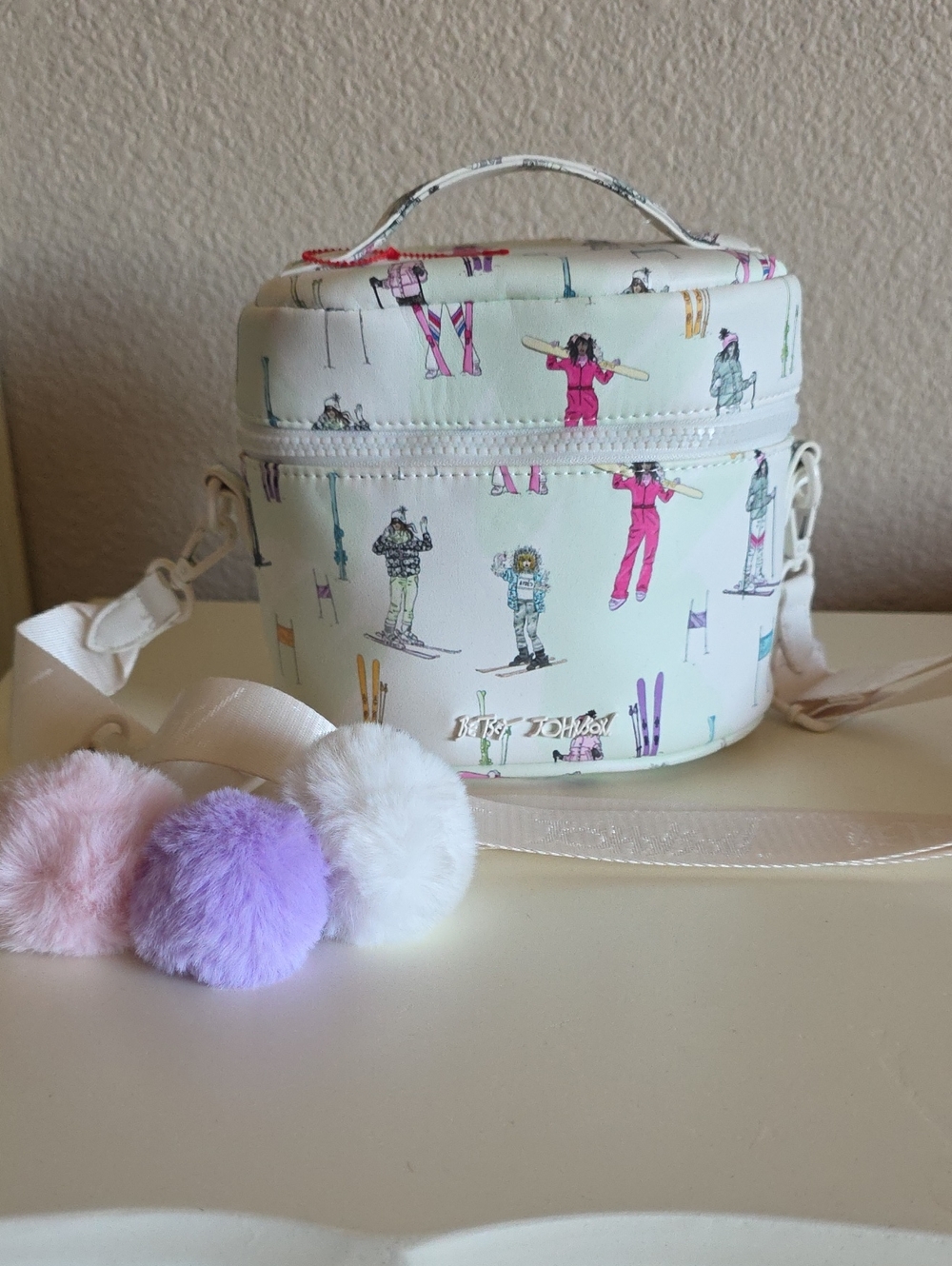 Betsey Johnson White Ski & Snowboard - Print Crossbody with Pom-Poms